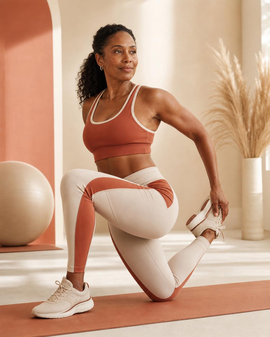 Confident woman in terracotta fitness gear stretching in a bright wellness studio